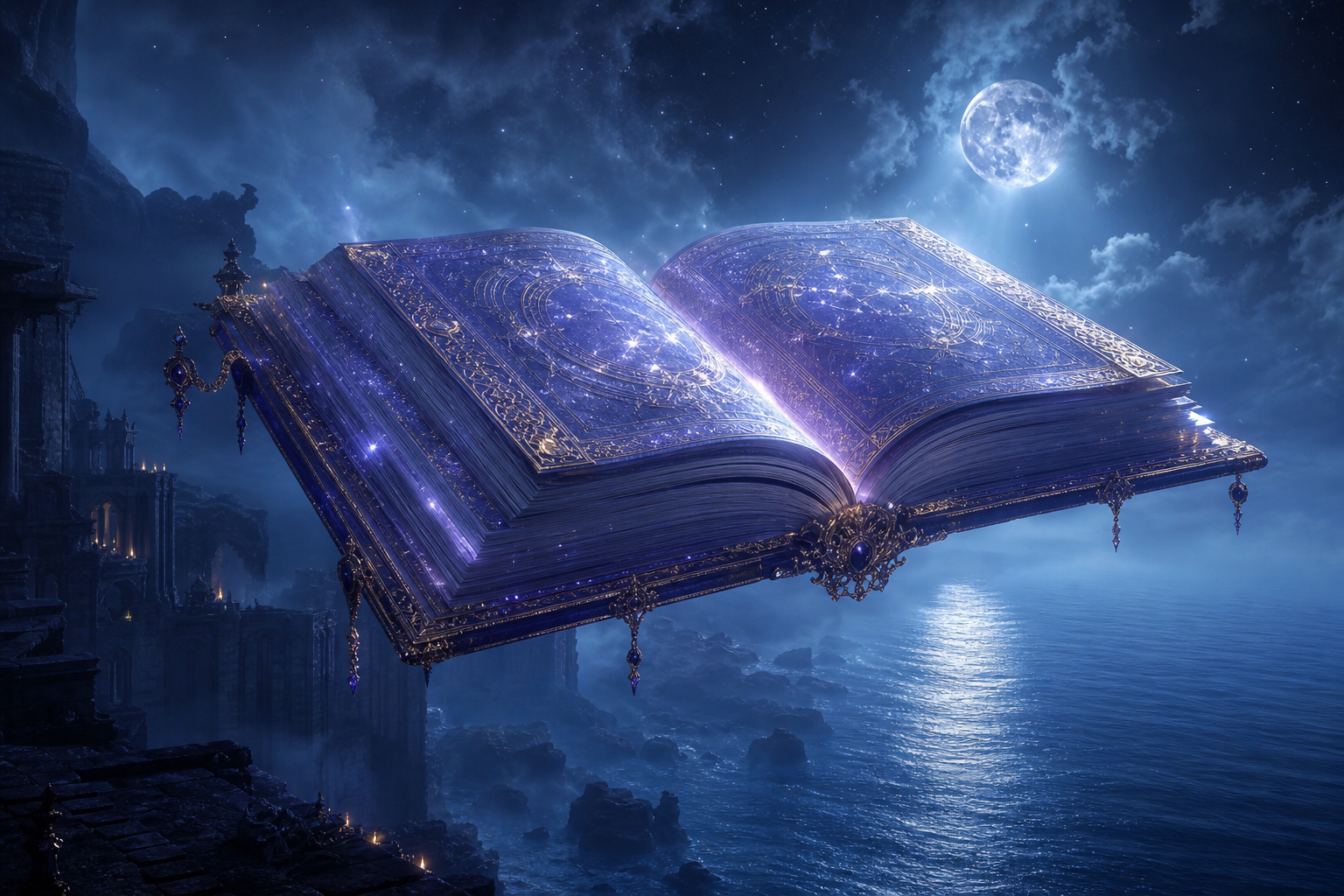 Celestial glowing book hovering over moonlit cliffs — dream dictionary motif