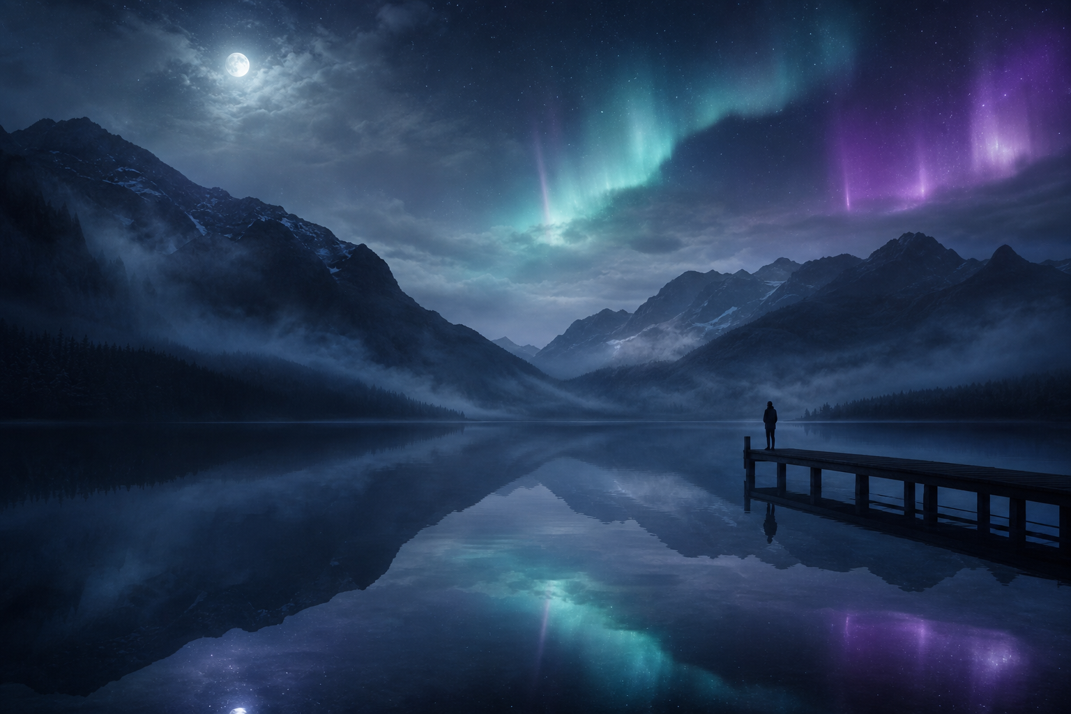 Northern lights reflection on a mirrored lake under moonlight — emotional insight motif