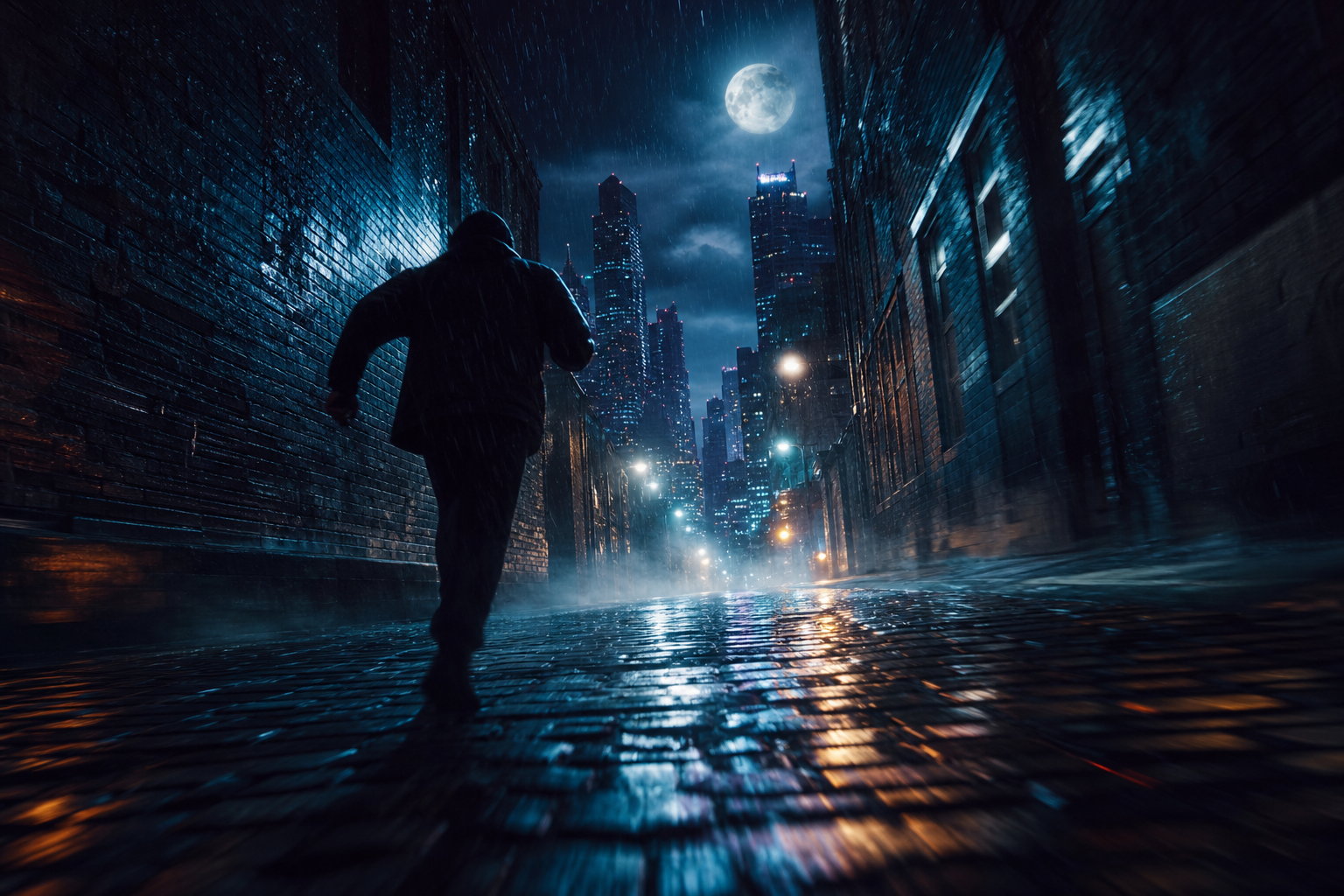 Noir rain-slick alley figure running toward moonlit towers — chase dream motif