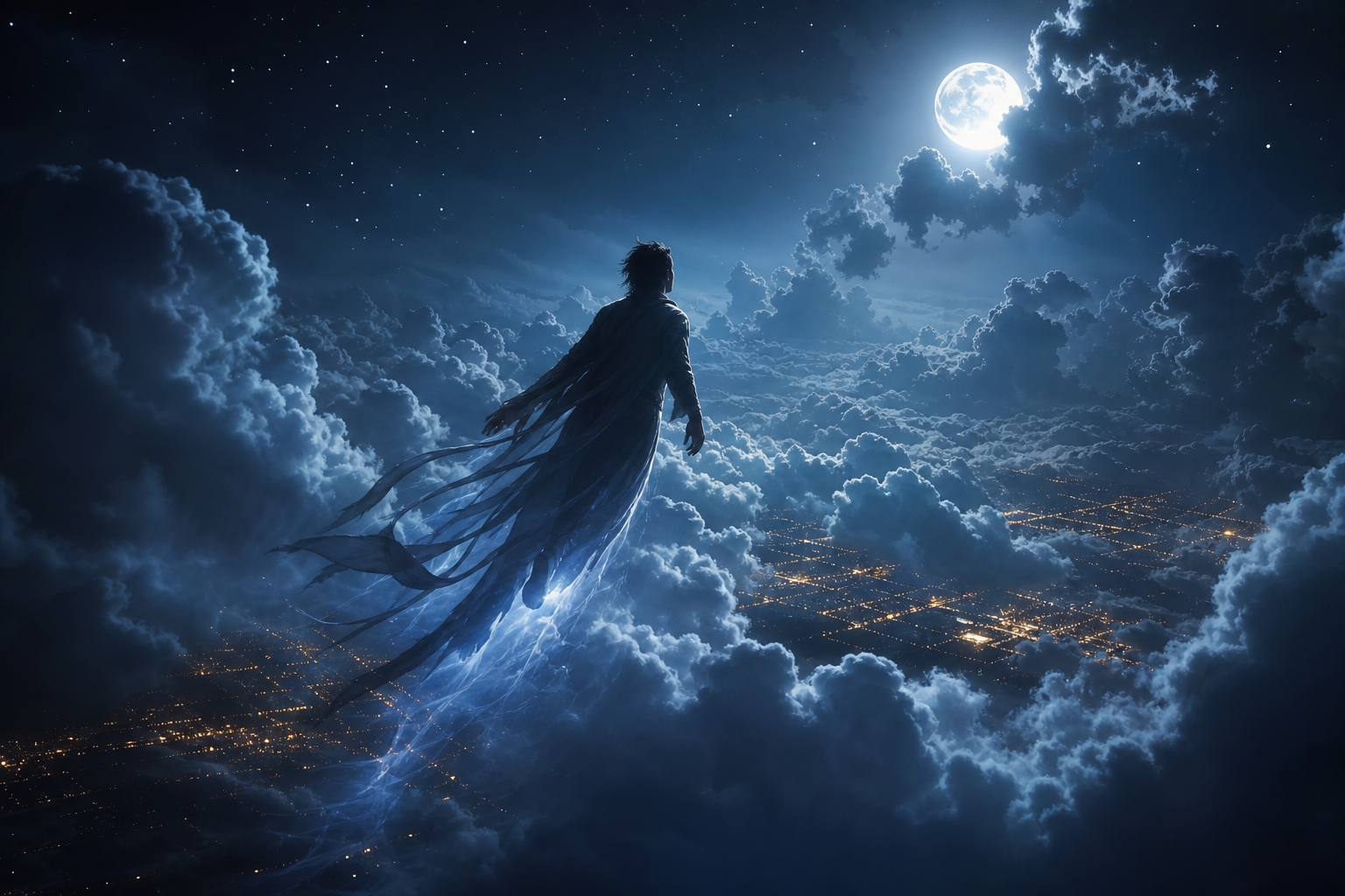 Figure rising through moonlit clouds above distant city lights — flying dream motif