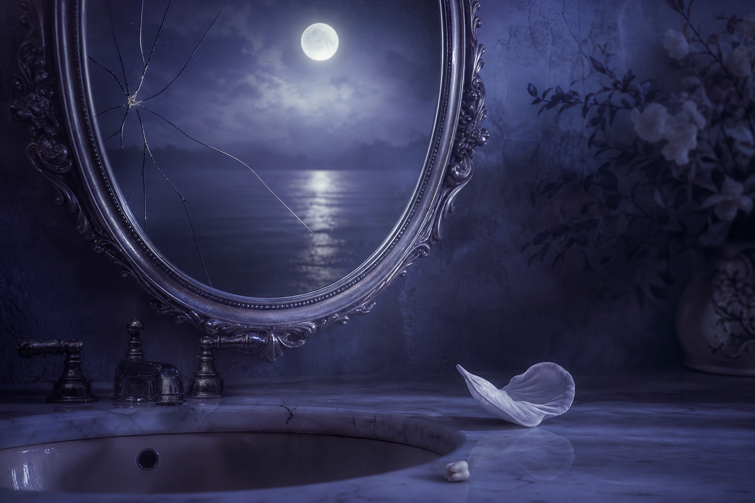 Symbolic moonlit vanity scene — teeth / anxiety dream motif