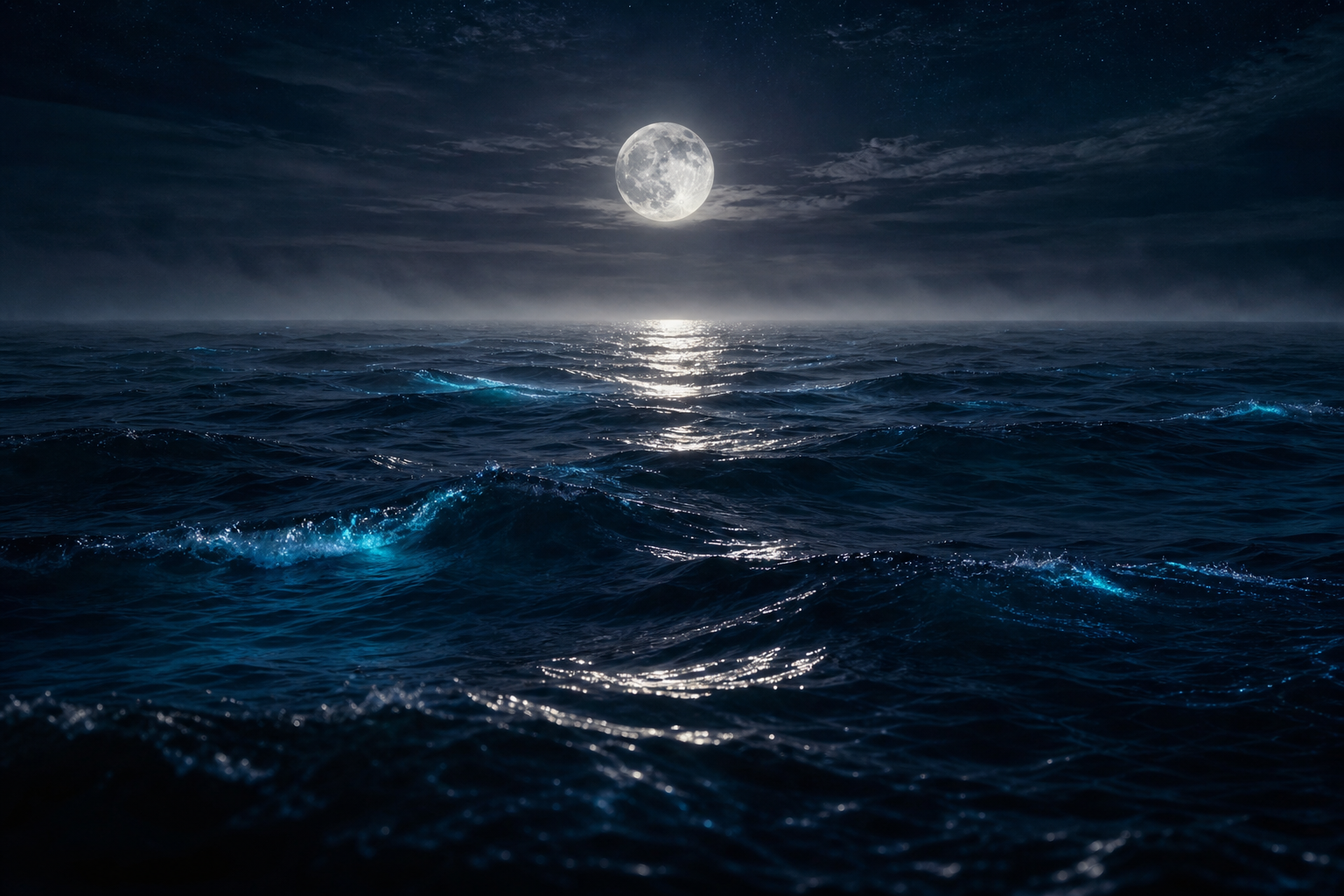 Midnight ocean with silver moon path and soft bioluminescence — water dream motif